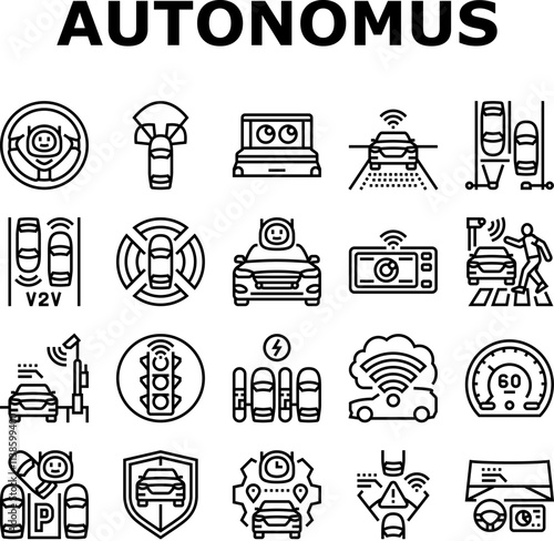 autonomous vehicle self driving icons set vector. ai sensors, lidar radar, gps navigation, safety innovation, technology mobility autonomous vehicle self driving black contour illustrations
