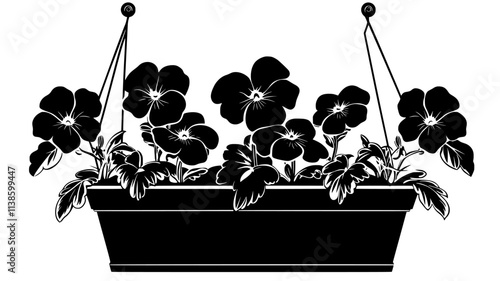 Pansies planted in a small window box hanging from a windowsill, Plant Illustration