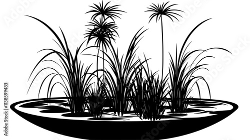 Papyrus plants in a container water garden on a patio, Plant Illustration