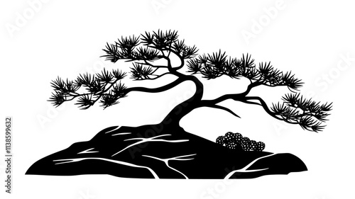 Pine bonsai with needles and cones on a rock slab, Plant Illustration