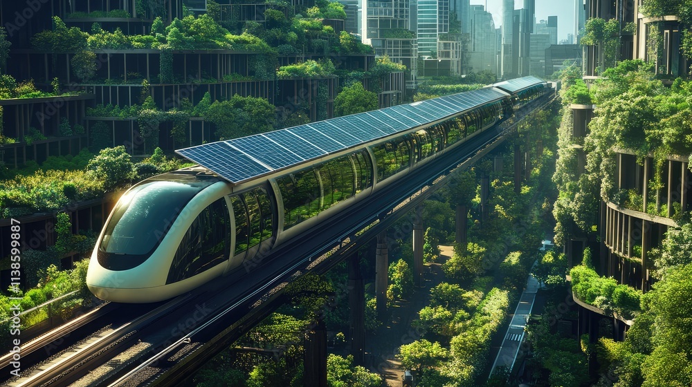 Fototapeta premium A high-speed train with solar-powered panels on its roof, moving through a green city with rooftop gardens and energy-efficient urban design