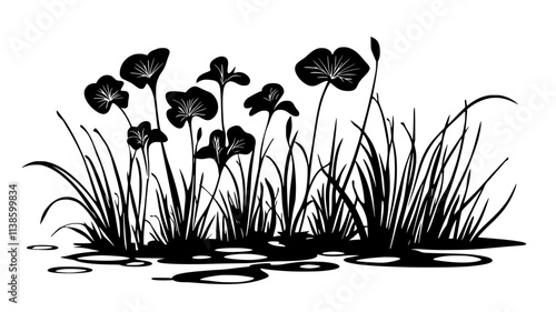 Pitcher plant in a bog surrounded by sphagnum moss, Plant Illustration