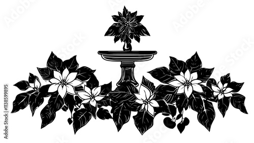Poinsettias planted around a decorative fountain in a park, Plant Illustration