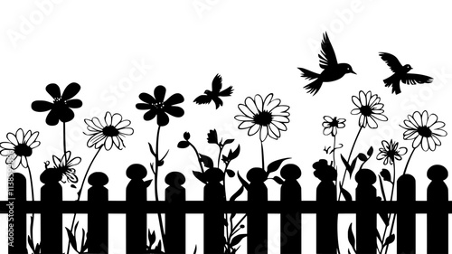Pollinator-attracting flowers growing along a fence in a residential yard, Plant Illustration