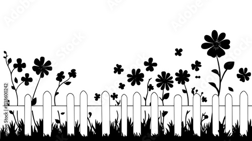 A row of garden flowers planted along a white picket fence in a yard, Plant Illustration