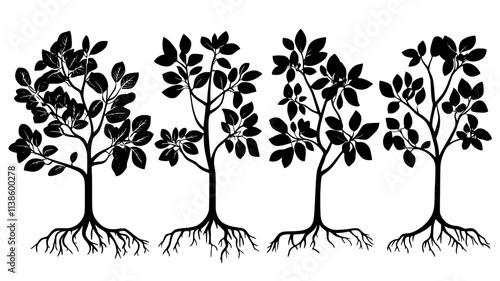 Rubber fig trees with aerial roots in the rainforest, Plant Illustration