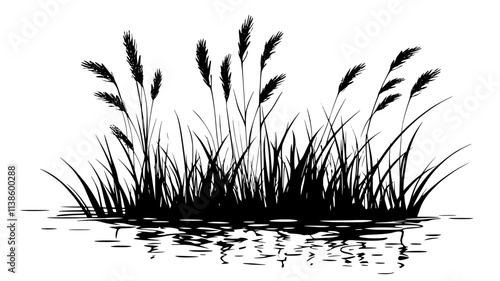 Rushes growing in shallow water at the edge of a lake, Plant Illustration
