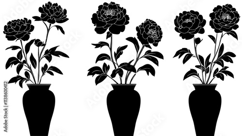 Herbaceous peonies arranged in a tall decorative vase, Plant Illustration