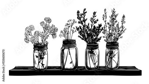 Small dried flower bunches placed in jars on a windowsill for display, Plant Illustration