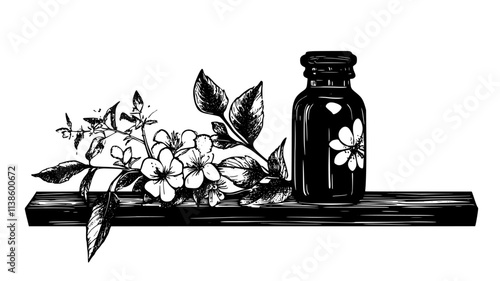 Small jar of medicinal flowers on a wooden table, Plant Illustration