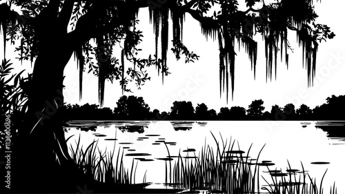 Spanish moss draping from tree branches in a swamp, Plant Illustration