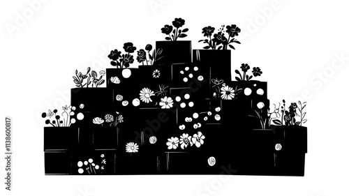 Stacks of boxed flowers arranged for shipment in a wholesale warehouse, Plant Illustration