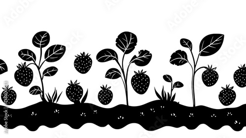 Strawberry patch with runners and fruit in a garden setting, Plant Illustration