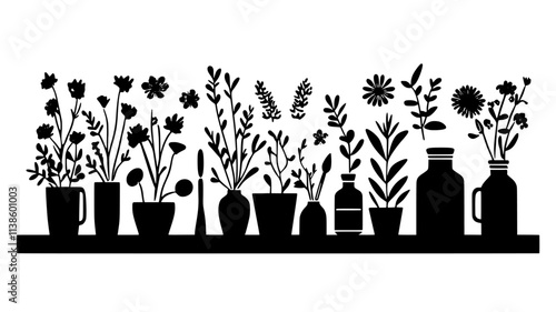 Table filled with reusable tools and eco-friendly supplies for flower arranging, Plant Illustration