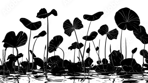 Taro plants with large leaves growing in a flooded field, Plant Illustration