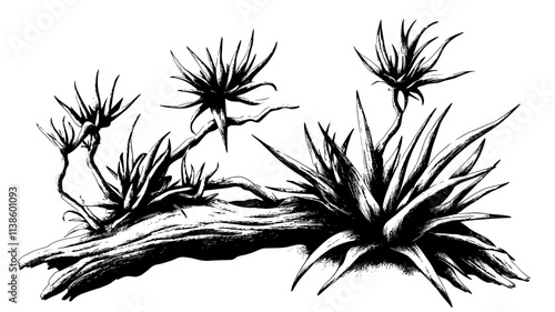 Tillandsia attached to a driftwood piece in a terrarium, Plant Illustration
