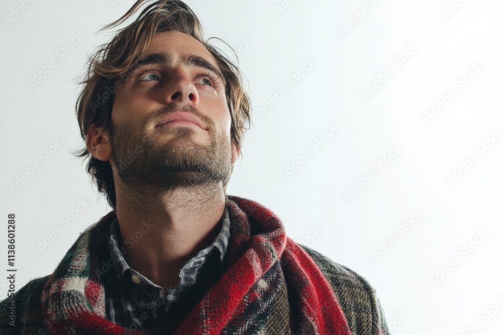 Contemplative Young Man in Cozy Attire Looking Upwards Against a Light Background Contemplative Young Man in Cozy Attire Looking Upwards Against a Light Background