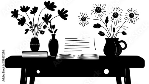 Vase of flowers placed on nightstand with handwritten letter, Plant Illustration