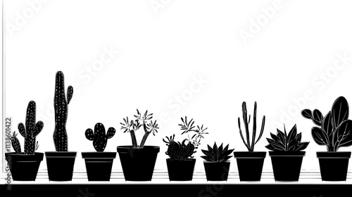 Windowsill lined with small pots of succulents and cacti, Plant Illustration