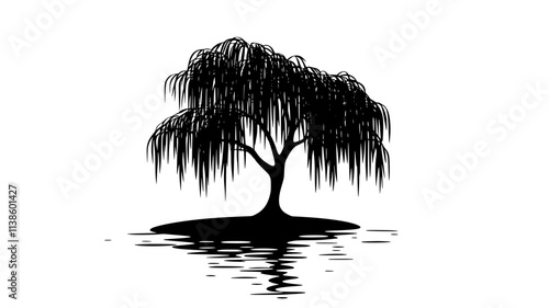Willow tree with drooping branches swaying beside a calm water source, Plant Illustration