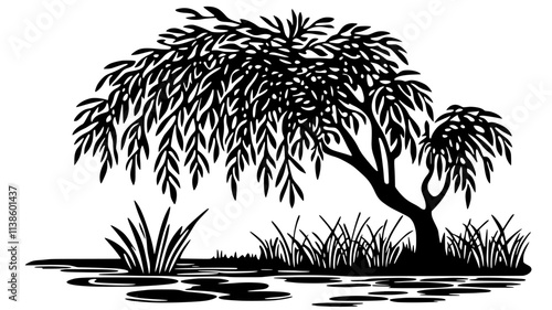 Willow tree with drooping branches swaying beside a calm water source, Plant Illustration