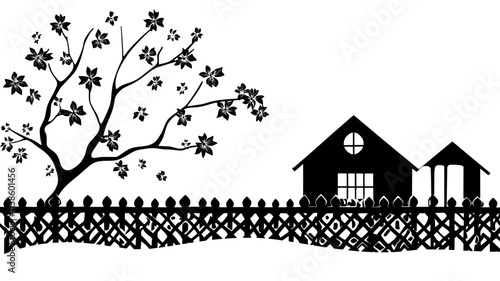 Winter jasmine climbing on a trellis against a house in the fog, Plant Illustration