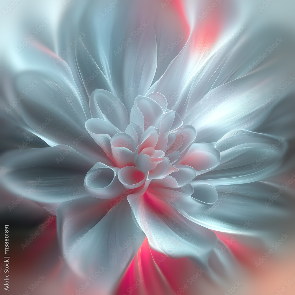 Abstract illustration of a light blue flower with transparent petals and a pink glow in the center Abstract illustration of a light blue flower with transparent petals and a pink glow in the center