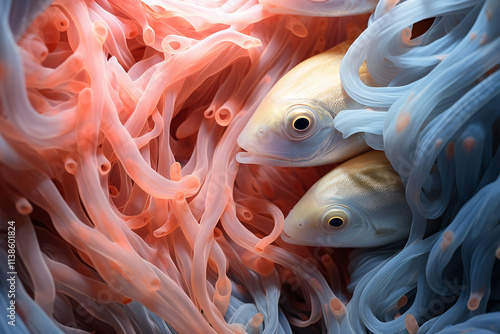 Beneath mesmerizing waves, a symphony of coexistence unfolds as sea fish and coral embrace one another, offering mutual protection and a profound sense of belonging in their harmonious abodes photo