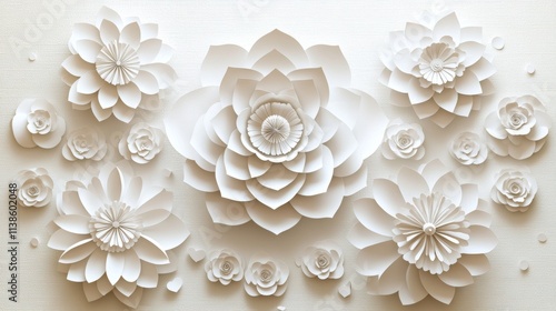 Floating, sharp clay pieces with white flowers, chrysanthemums, and layered paper casting city shadows