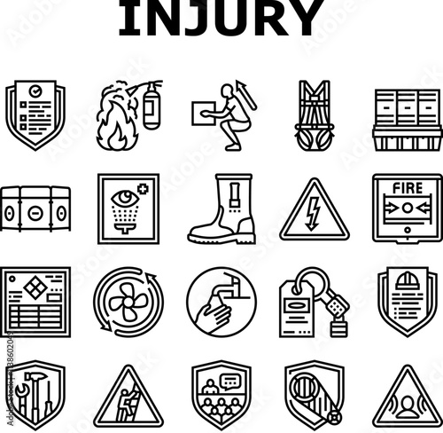 injury prevention safety icons set vector. protection exercise, stretching, warmup gear, technique, balance, posture injury prevention safety black contour illustrations