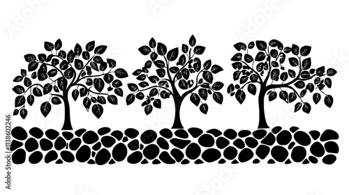 Espaliered fruit trees trained along a south-facing stone wall, Plant Vector Graphic
