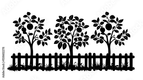 Espaliered fruit trees trained along a south-facing stone wall, Plant Vector Graphic