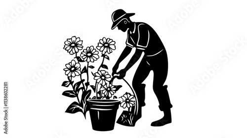 Farmer harvesting fresh-cut zinnias from field, Plant Vector Graphic