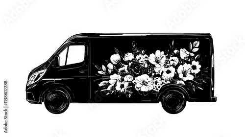 Electric delivery van for flower shop orders, Plant Vector Graphic
