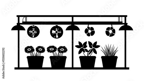 Fans installed inside a greenhouse providing ventilation for flower plants, Plant Vector Graphic
