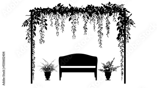 Floral canopy installation with suspended blooms arranged over a seating area, Plant Vector Graphic