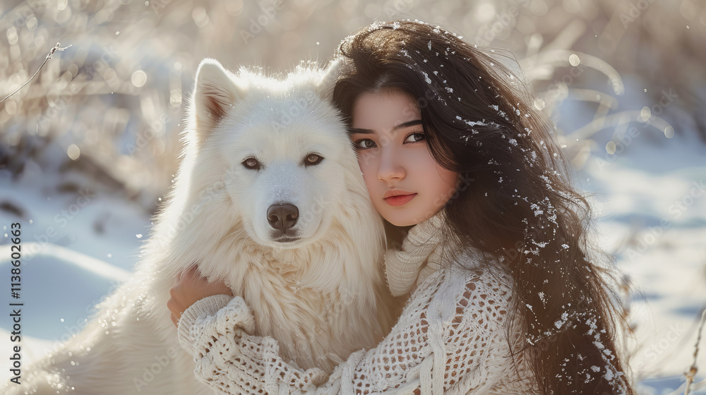 Elegant portrait of a young woman with a white fluffy dog against a winter landscape. Perfect for Christmas themed social media covers or sсcreensavers. Elegant portrait of a young woman with a white fluffy dog against a winter landscape. Perfect for Christmas themed social media covers or sсcreensavers.