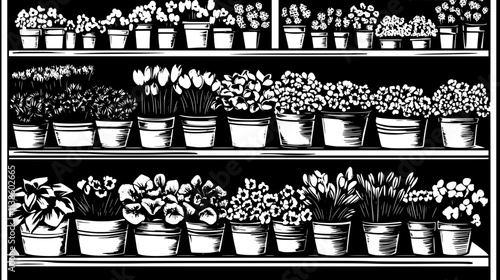 Flower-filled containers being organized in a wholesale floristry warehouse, Plant Vector Graphic