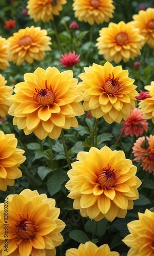 Vibrant dahlia flowers in a bright yellow hue, sunny yellow, garden bloom