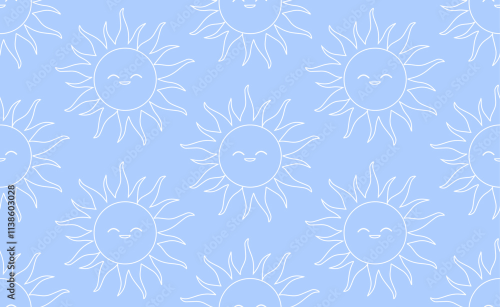 Seamless pattern of thin lineart of bright smiling suns with simple cartoon-like rays. Soft and cheerful atmosphere, playful design. Vibrant, whimsical, joyful and uplifting children motifs. Seamless pattern of thin lineart of bright smiling suns with simple cartoon-like rays. Soft and cheerful atmosphere, playful design. Vibrant, whimsical, joyful and uplifting children motifs.
