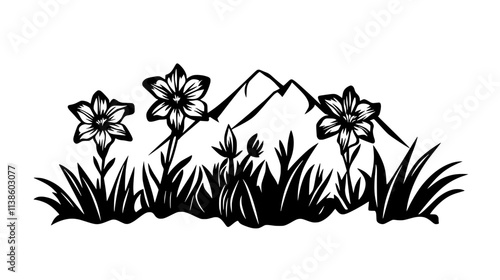 Gentian blooming in high meadow surrounded by peaks, Plant Vector Graphic