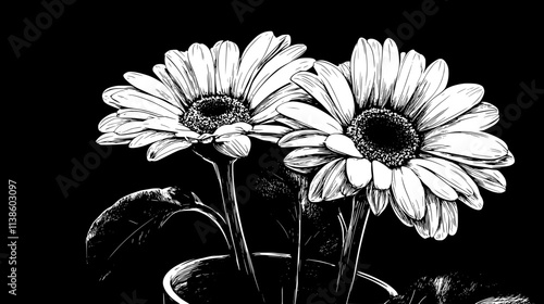 A Gerbera daisy bloom captured at eye level in a potted arrangement, Plant Vector Graphic