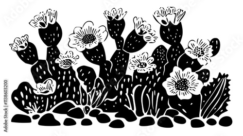 Small cup-shaped flowers blooming at the base of a cactus, Plant Vector Graphic