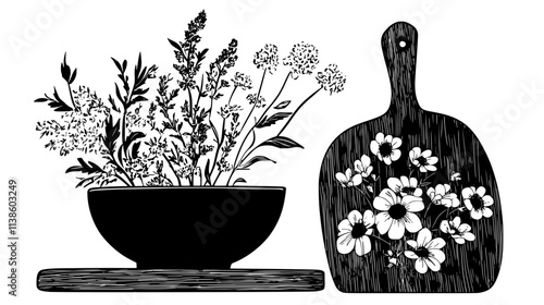 Handful of edible flowers in a ceramic bowl near a cutting board, Plant Vector Graphic