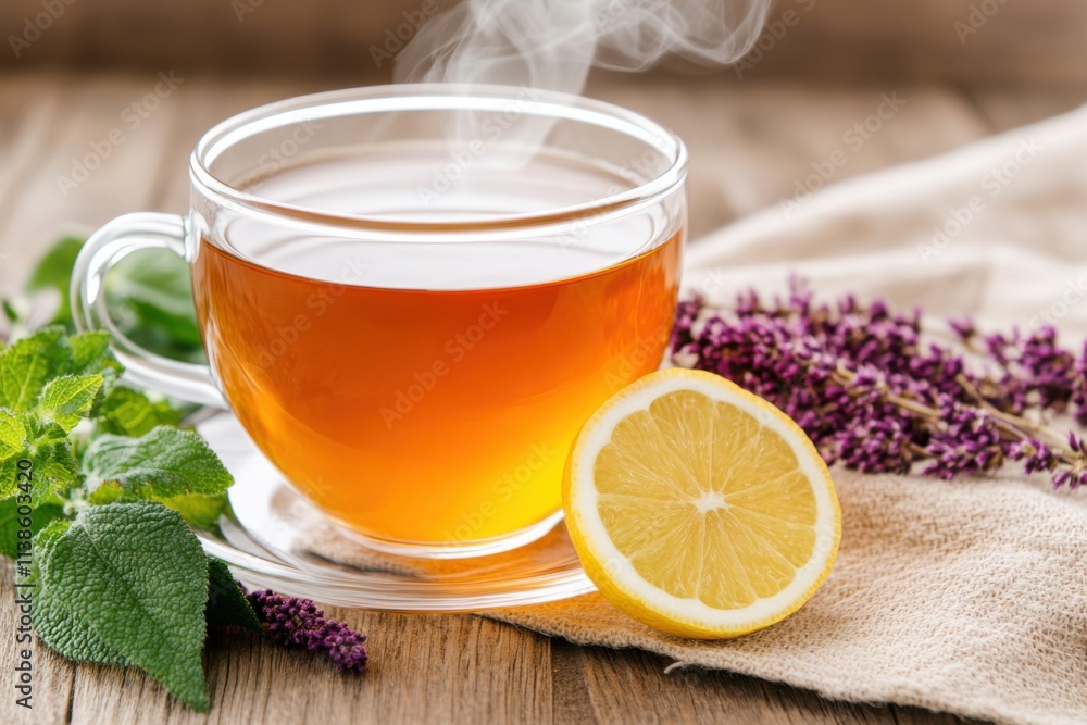 Steaming herbal tea cup with fresh lemon slice surrounded by dried burgundy flowers on rustic wooden table Steaming herbal tea cup with fresh lemon slice surrounded by dried burgundy flowers on rustic wooden table