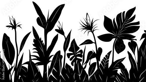 Heliconia hanging from tall stalk in dense jungle setting, Plant Vector Graphic