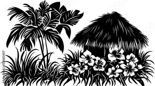 Hibiscus blossom opening on bush beside thatched hut, Plant Vector Graphic