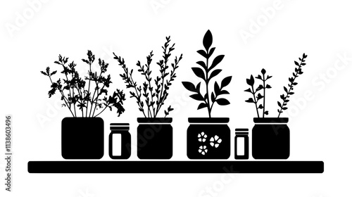 Herbs growing in mason jars on the kitchen counter, Plant Vector Graphic