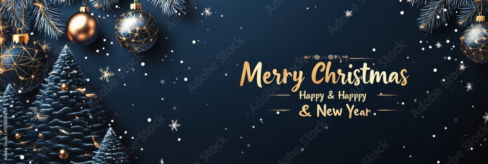 Naklejka premium Elegant navy blue Christmas background with gold ornaments and lights wishes a Merry Christmas and a Happy New Year with festive decorations