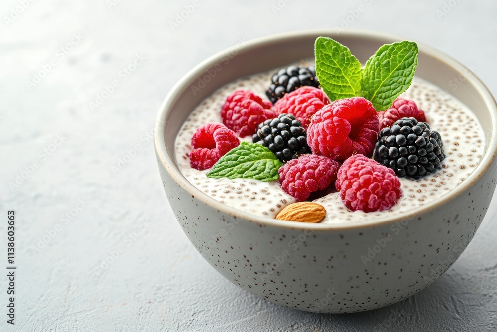 Bowl of chia pudding with raspberries, blackberries, almond and mint leaves Bowl of chia pudding with raspberries, blackberries, almond and mint leaves